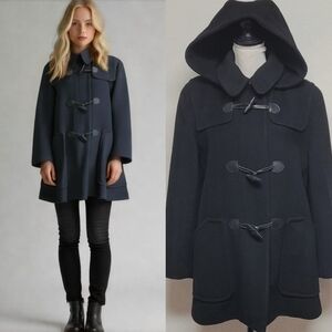 90s Vintage Anne Klein Black Wool Toggle Button Full-zip Hooded Duffle Coat 8